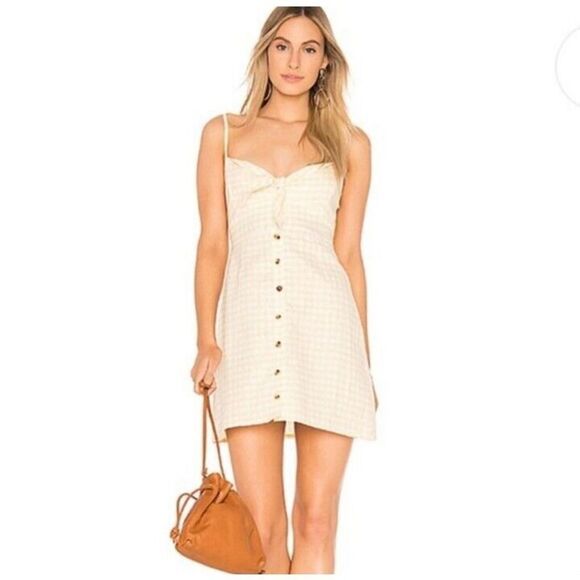 Faithfull The Brand Dress Size X-Small Yellow Rodeo Linen Gingham Front Tie Mini - Picture 1 of 12